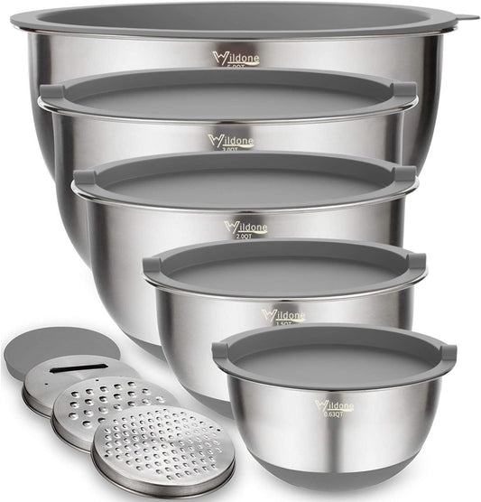 ChefMate™ 5-Piece Stainless Steel Mixing Bowl Set – Airtight Lids & Grater Attachments