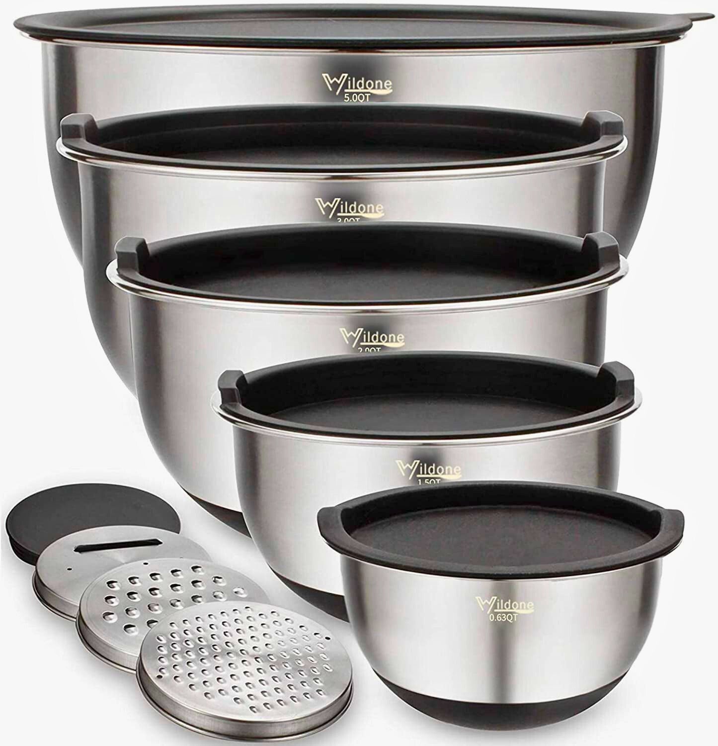 ChefMate™ 5-Piece Stainless Steel Mixing Bowl Set – Airtight Lids & Grater Attachments