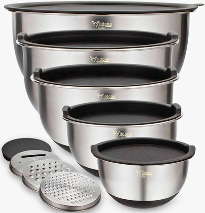 ChefMate™ 5-Piece Stainless Steel Mixing Bowl Set – Airtight Lids & Grater Attachments
