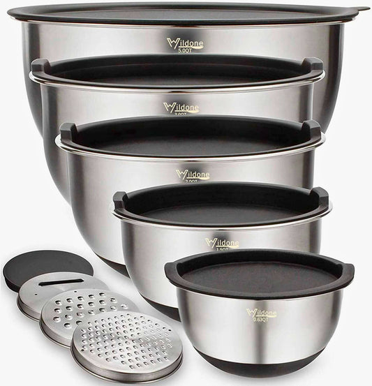 ChefMate™ 5-Piece Stainless Steel Mixing Bowl Set – Airtight Lids & Grater Attachments