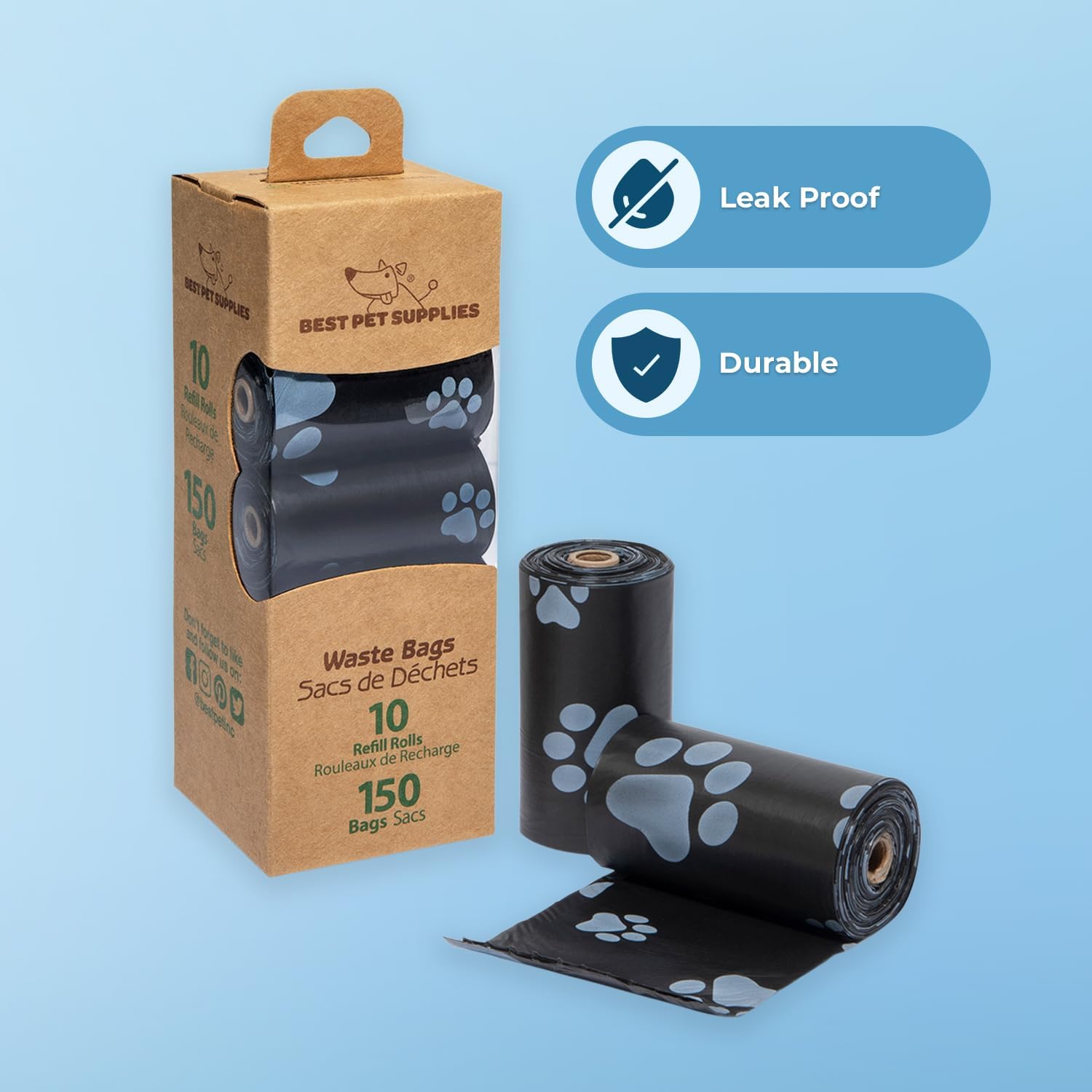 Dog Poop Bags (150 Bags) for Waste Refuse Cleanup, Doggy Roll Replacements for Outdoor Puppy Walking and Travel, Leak Proof and Tear Resistant, Thick Plastic - Black