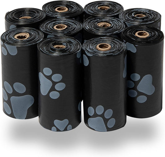 Dog Poop Bags (150 Bags) for Waste Refuse Cleanup, Doggy Roll Replacements for Outdoor Puppy Walking and Travel, Leak Proof and Tear Resistant, Thick Plastic - Black