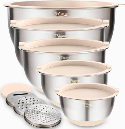 ChefMate™ 5-Piece Stainless Steel Mixing Bowl Set – Airtight Lids & Grater Attachments
