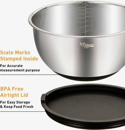 ChefMate™ 5-Piece Stainless Steel Mixing Bowl Set – Airtight Lids & Grater Attachments