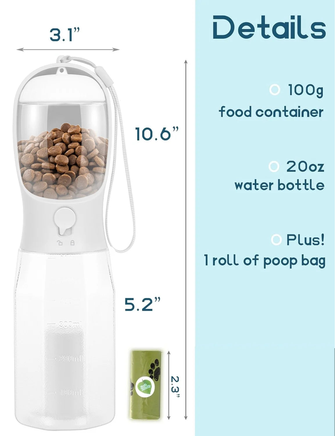 Portable 3-In-1 Dog Water Bottle with Food Container & Poop Bag Holder, 20Oz - FREE Shipping 