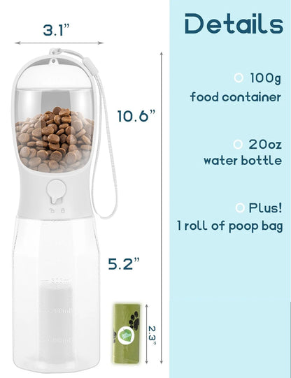 Portable 3-In-1 Dog Water Bottle with Food Container & Poop Bag Holder, 20Oz - FREE Shipping 