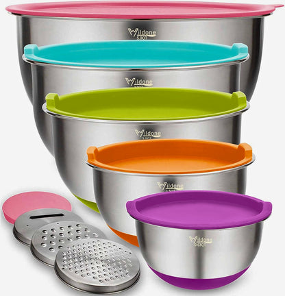 ChefMate™ 5-Piece Stainless Steel Mixing Bowl Set – Airtight Lids & Grater Attachments