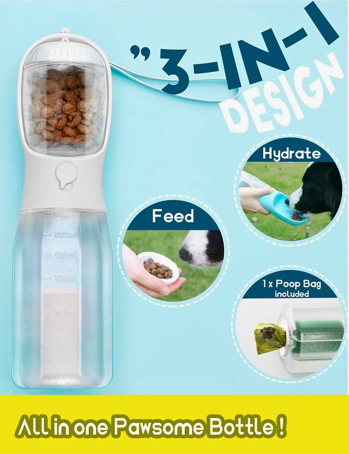 Portable 3-In-1 Dog Water Bottle with Food Container & Waste Bag Holder - FREE Shipping