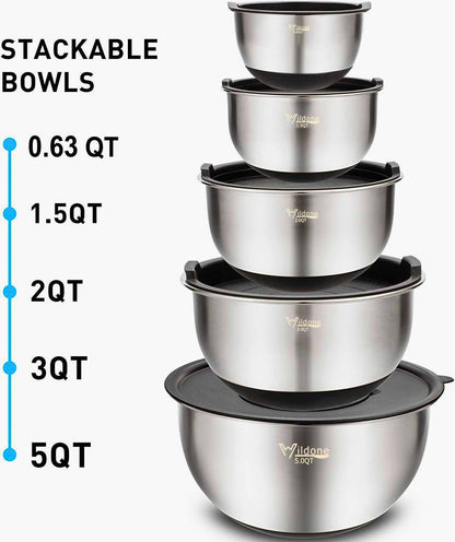 ChefMate™ 5-Piece Stainless Steel Mixing Bowl Set – Airtight Lids & Grater Attachments